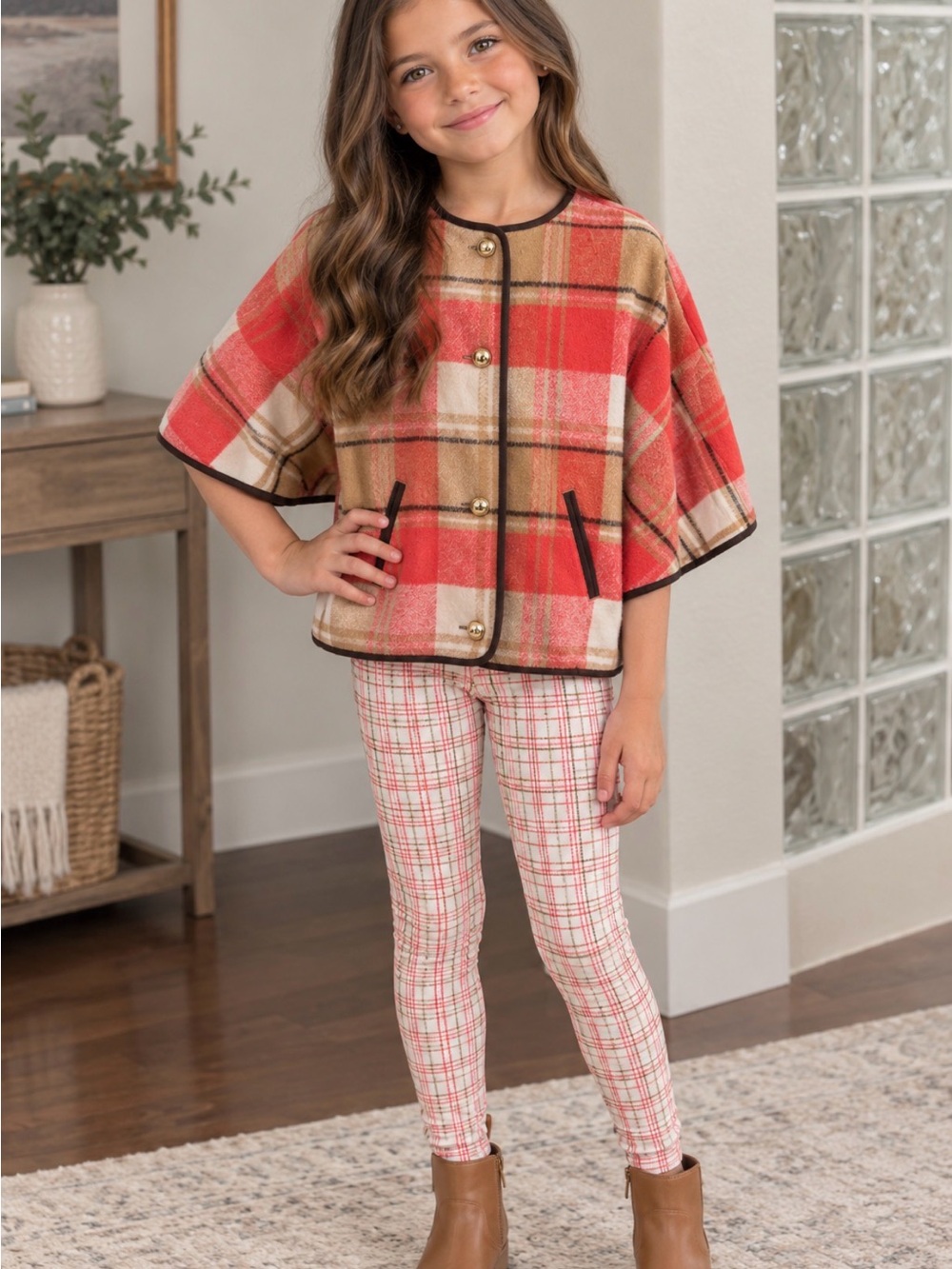 Janie and Jack 7 Coral and Tan Cream Plaid Cape leggings and shirt